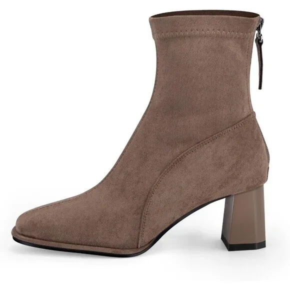 Women's Square Toe Ankle Chestnut Boot Faux Suede Low Brown Heel Chelsea Shoes - Picture 4 of 9